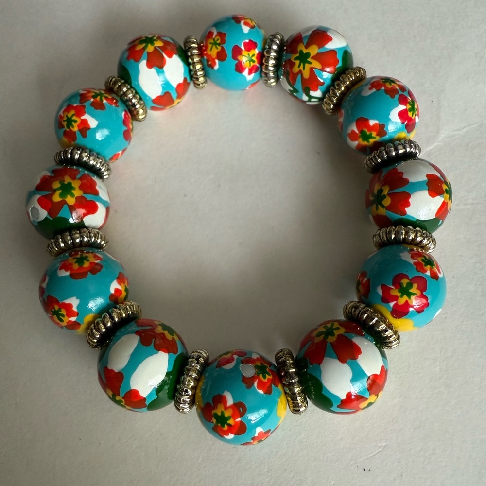 Angela Moore Hand Painted Turquoise and Red Beaded Stretch Bracelet
